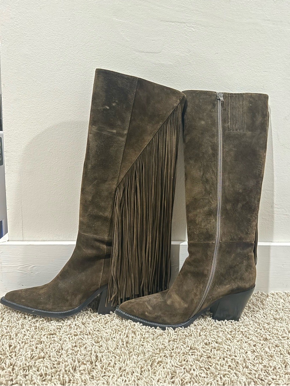 Jeffrey Campbell Suede Fringe Over-the-Knee Boots - olive green